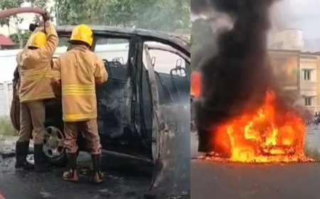 நடுரோட்டில் பற்றி எரிந்த கார்